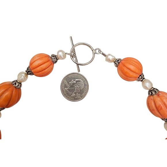Sterling Silver Pumpkin Coral Baroque Pearl Strand Necklace, 20" Long - Picture 5 of 9